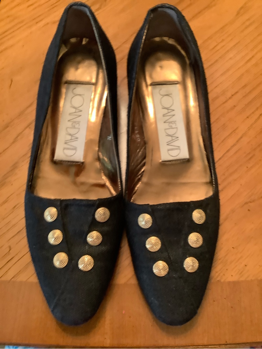 Joan & David Dark Blue Fabric Flats with Gold Button Details